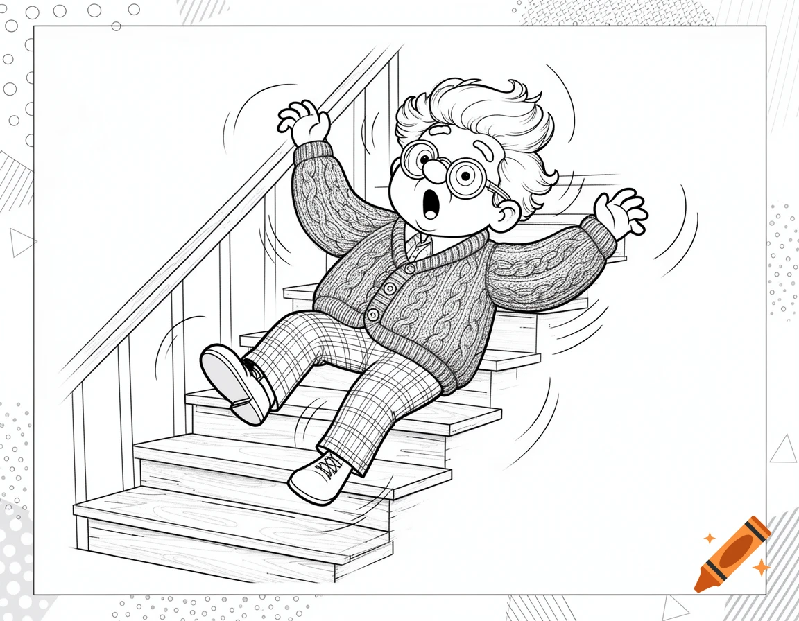 Black and white coloring book illustration of an elderly man with glasses falling down a wooden staircase.