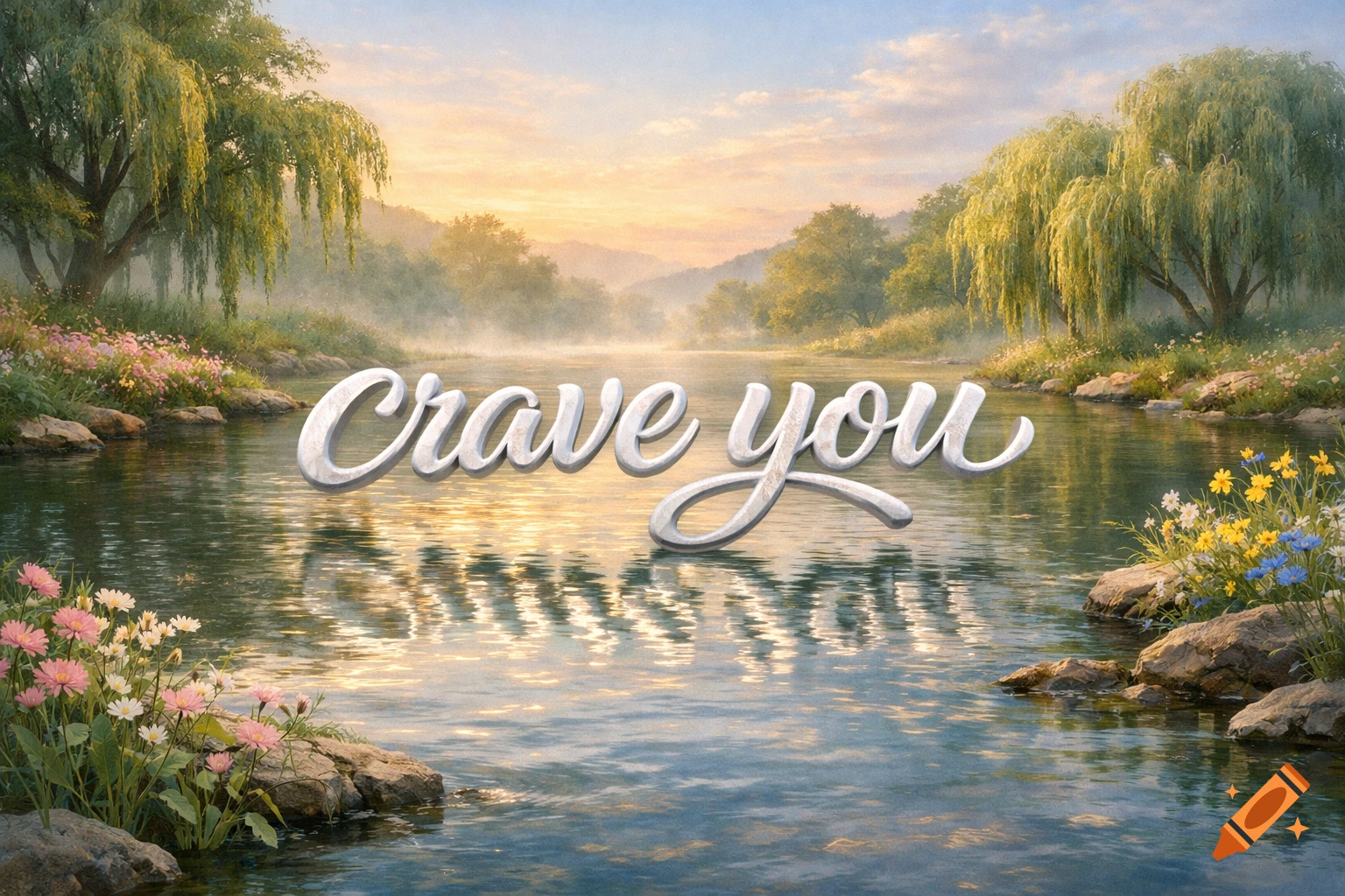 A peaceful river scene at sunset with willow trees and wildflowers on the banks. The 3D text 'Crave you' floats on the water.