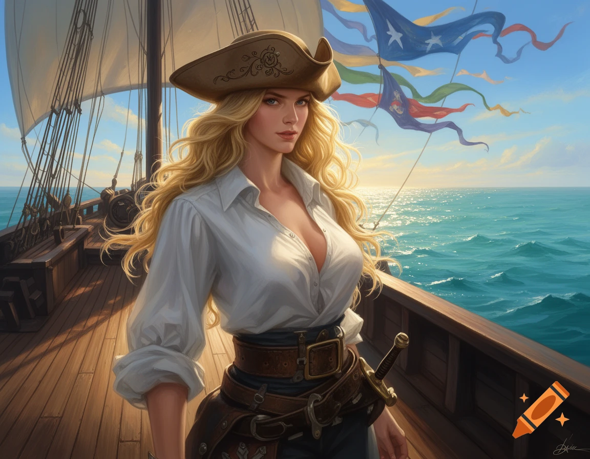A blonde female pirate with a hat, white blouse, and leather belt stands on a wooden ship deck, with the sea and flags in the background.