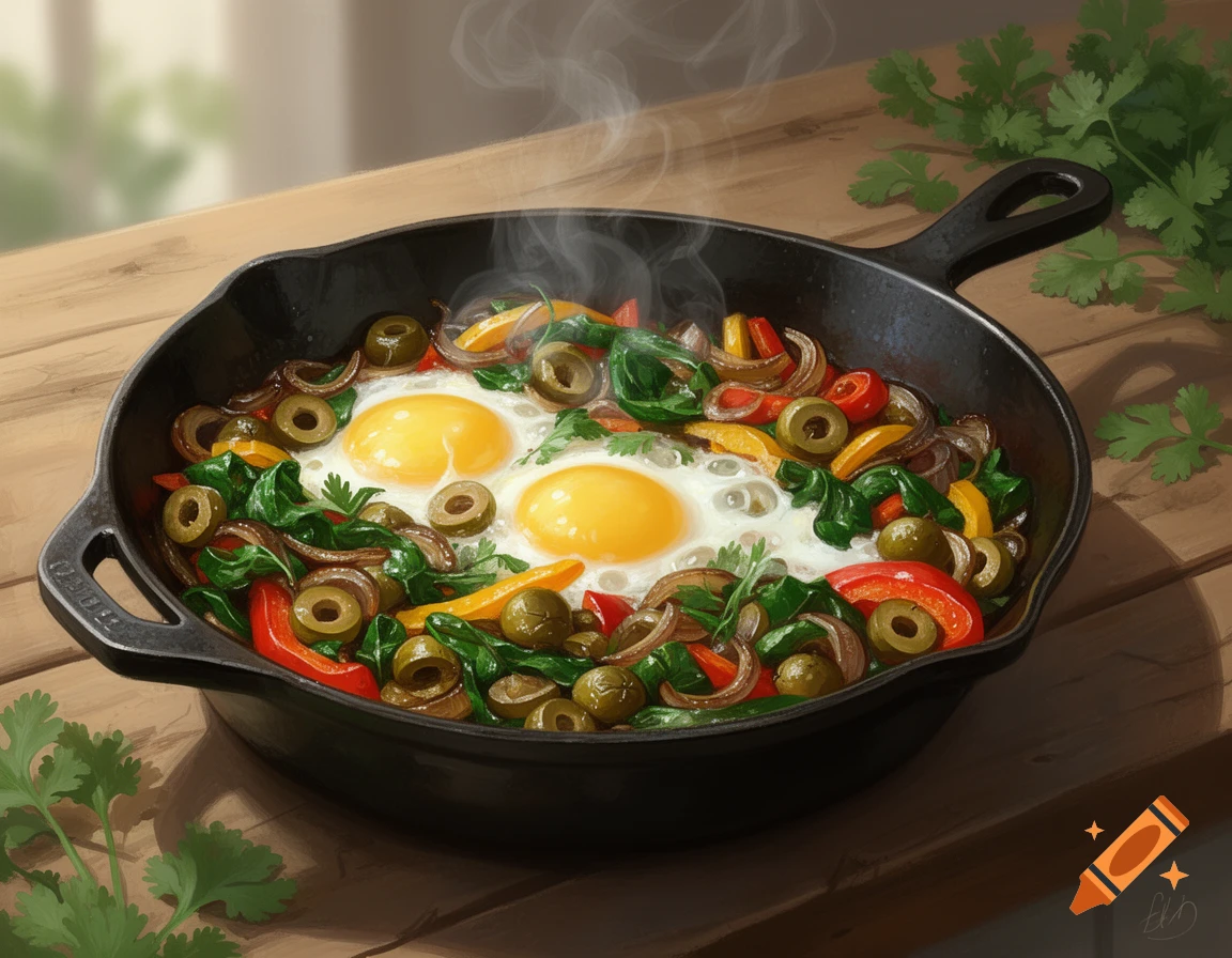 Two fried eggs in a cast iron skillet surrounded by green olives, spinach, red and yellow peppers, and onions on a wooden table, steaming.