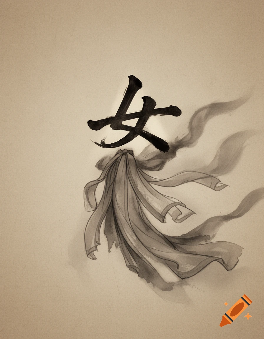 A stylized black ink wash depiction of the Chinese character '女' (nǚ) with flowing grey fabric resembling a skirt or robes underneath, on a sepia background.