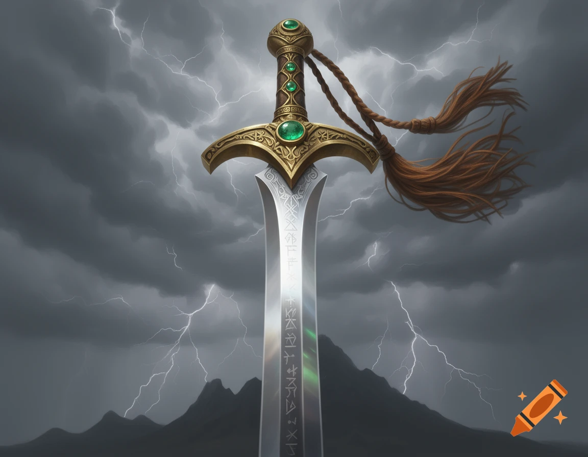Emerald Rune An ornate fantasy sword with emeralds in its hilt and runes on its ...
