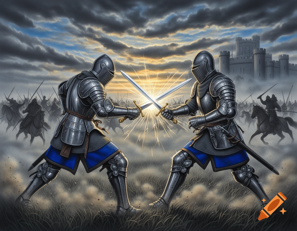 Two armored knights clash swords in a misty battlefield with other knights and a castle, depicted in an airbrush painting style.