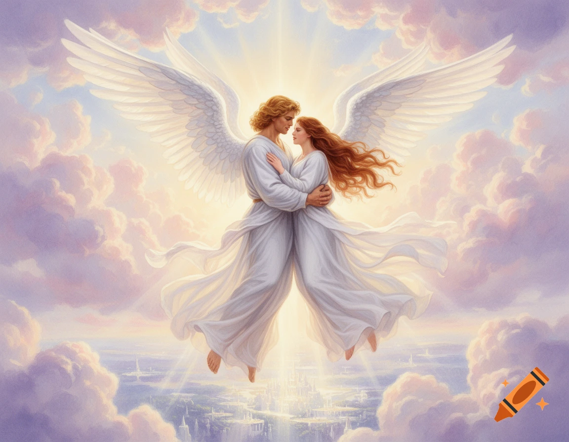 Male and female angels with large white wings embrace in a cloudy sky with light rays, above a glowing city.