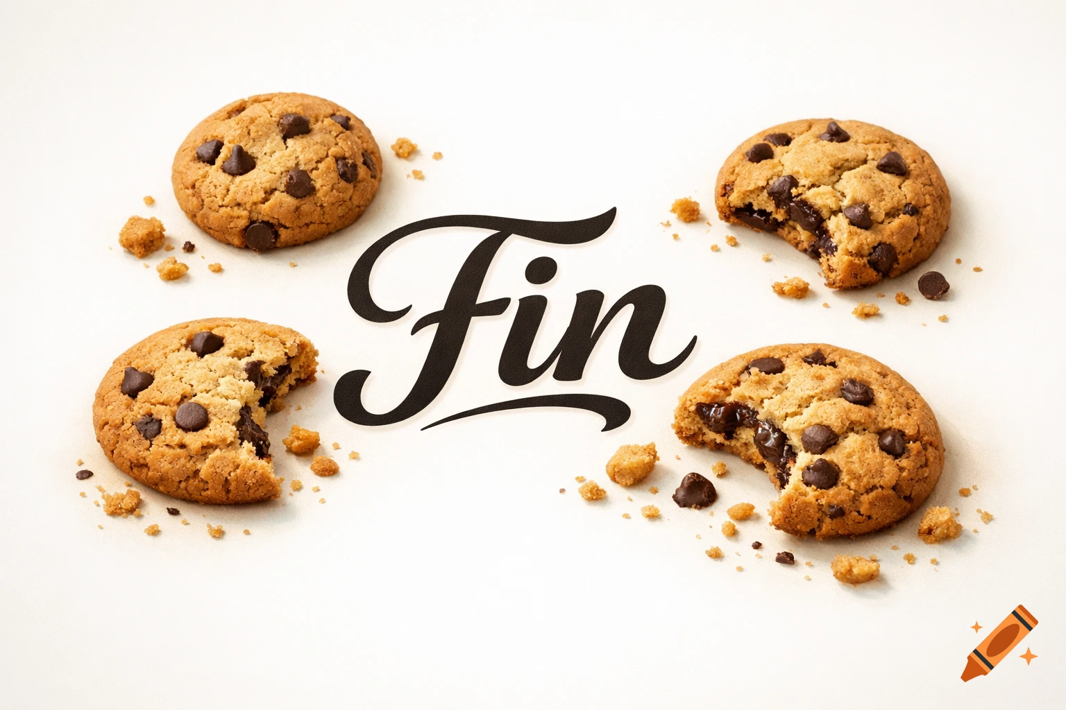 Four chocolate chip cookies, some bitten, with crumbs surrounding the elegant script word 'Fin' on a clean white background.
