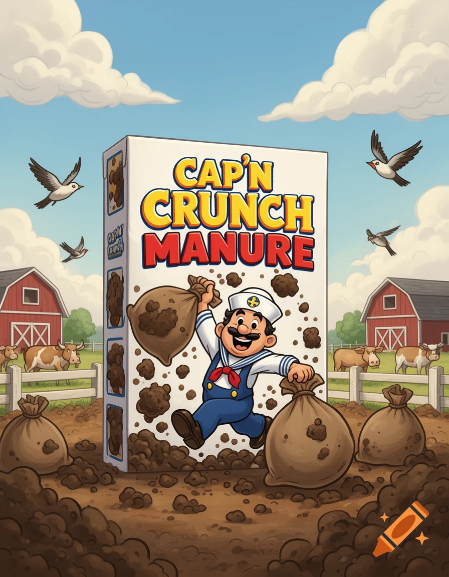 Cartoon Cap'n Crunch character holding bags of manure in a muddy farm field with barns and cows, next to a giant box of "Cap'n Crunch Manure".