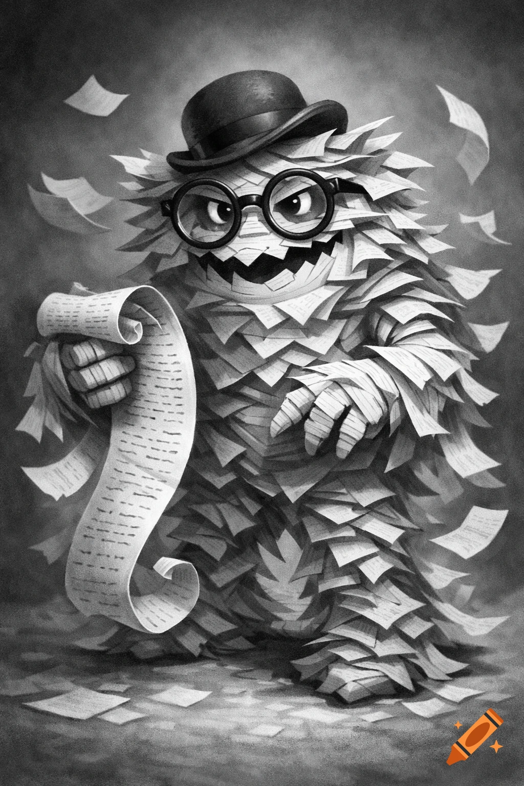 A grayscale illustration of a monster made of documents, wearing glasses and a hat, holding a long scroll.