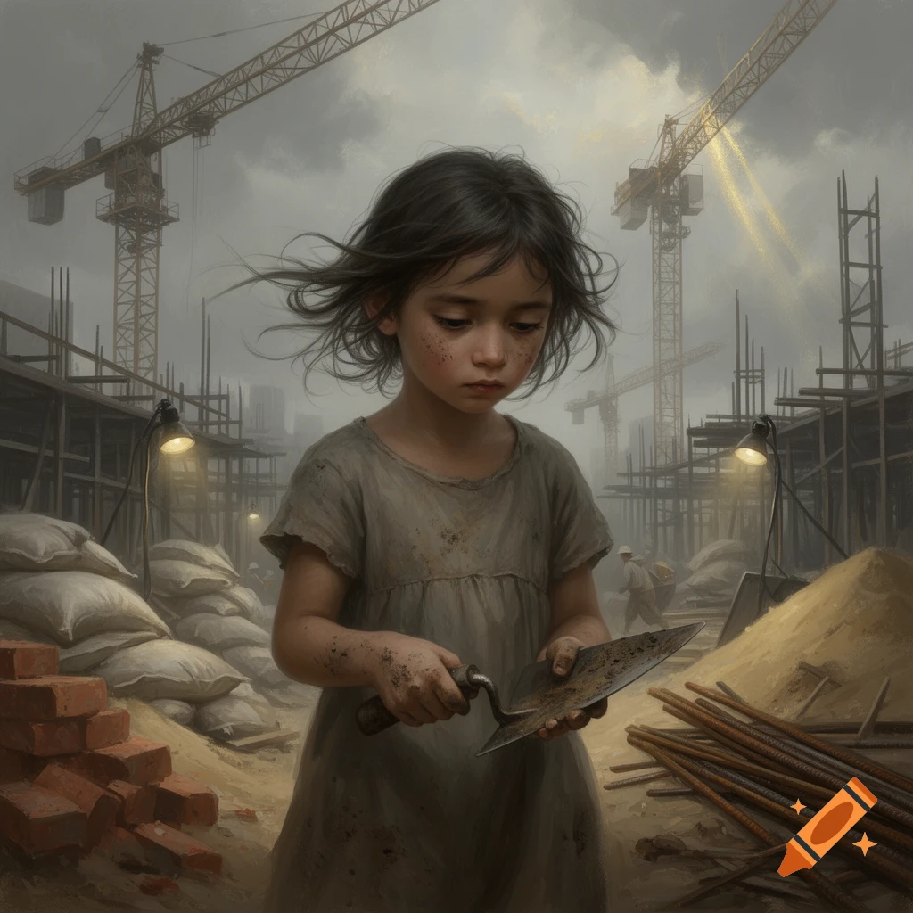 A sad young girl with dark hair holds a trowel in a dusty construction site with cranes and buildings under a cloudy sky. Photorealistic.