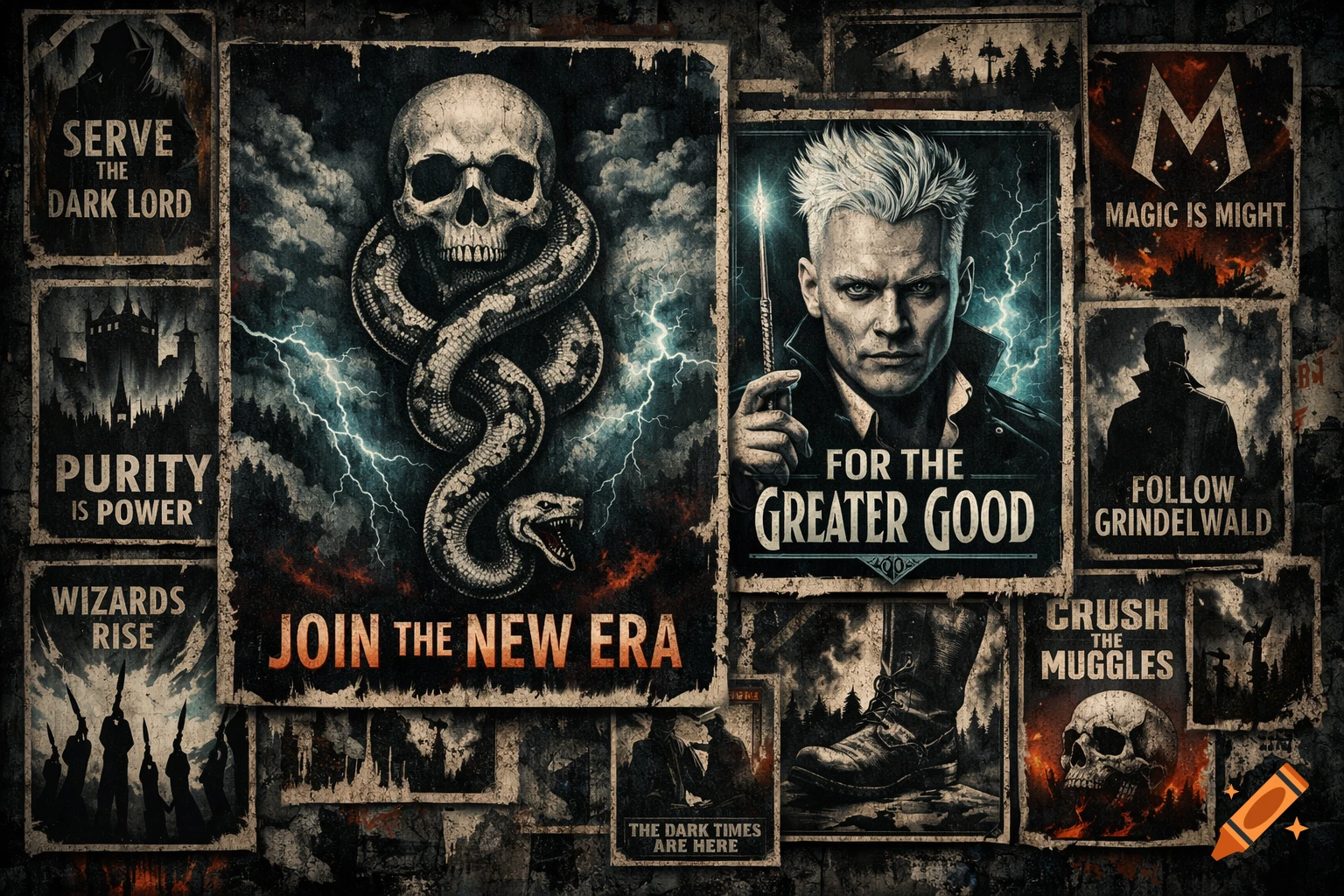A collage of dark, distressed propaganda posters for Voldemort and Grindelwald, featuring skulls, snakes, lightning, and figures.