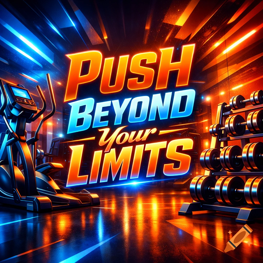 Vibrant, neon-lit gym with 'PUSH BEYOND Your LIMITS' text, an elliptical machine, and a dumbbell rack.