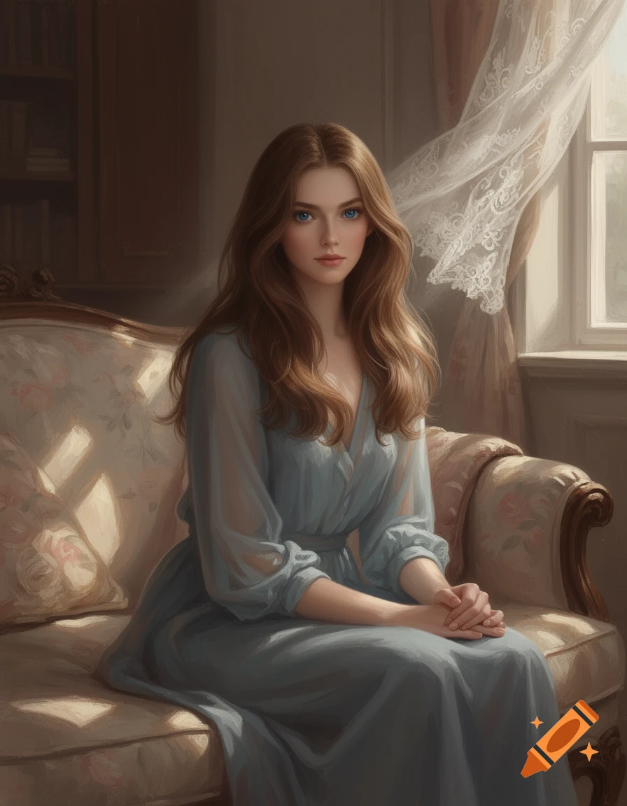 Young woman with long brown hair and blue eyes, wearing a light blue ...