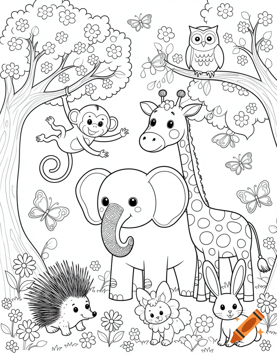 A line art coloring page with a monkey swinging from a tree, an owl on a branch, a giraffe, an elephant, a hedgehog, a rabbit, and a small lion cub-like animal surrounded by flowers and butterflies.