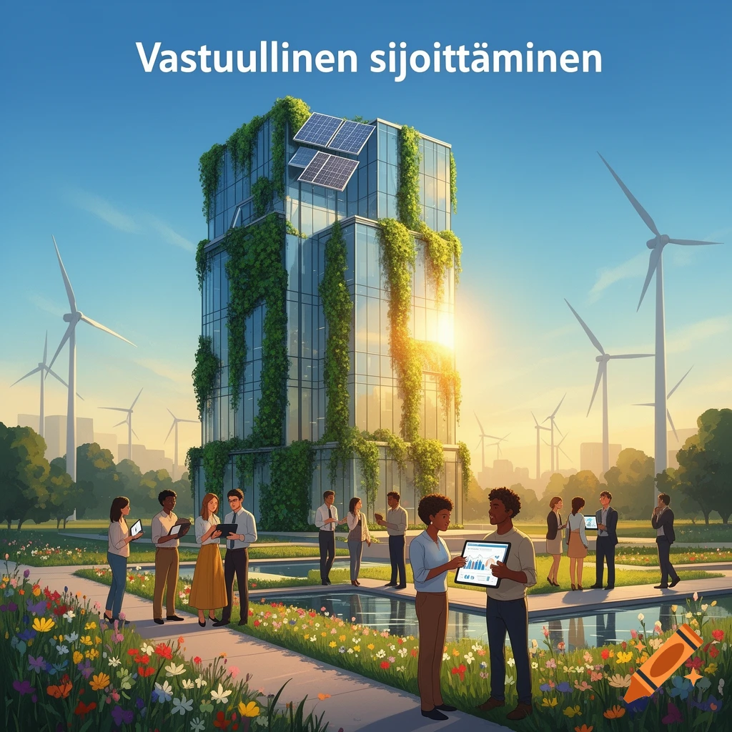 Green building with solar panels and wind turbines, surrounded by people and flowers, under "Vastuullinen sijoittaminen" text.