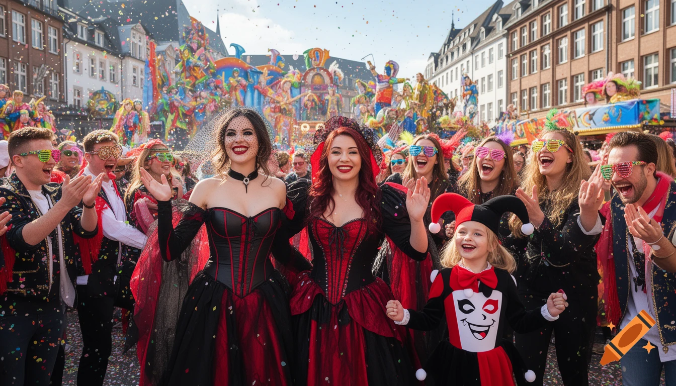 Photorealistic image of a joyful carnival parade with people in vibrant costumes, confetti flying, and colorful floats in the background.
