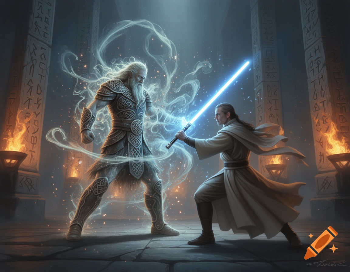 An old Norse warrior with flowing white hair and armor fights a Jedi wielding a blue lightsaber in a dark, ancient stone temple with torchlight.
