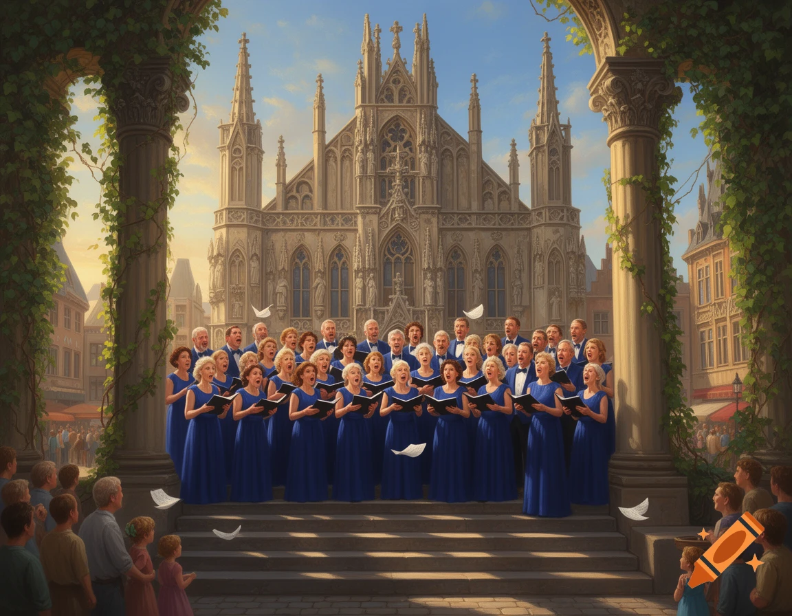 A large choir in blue robes sings on the steps of a grand gothic church, with an audience watching, under an arched entryway.