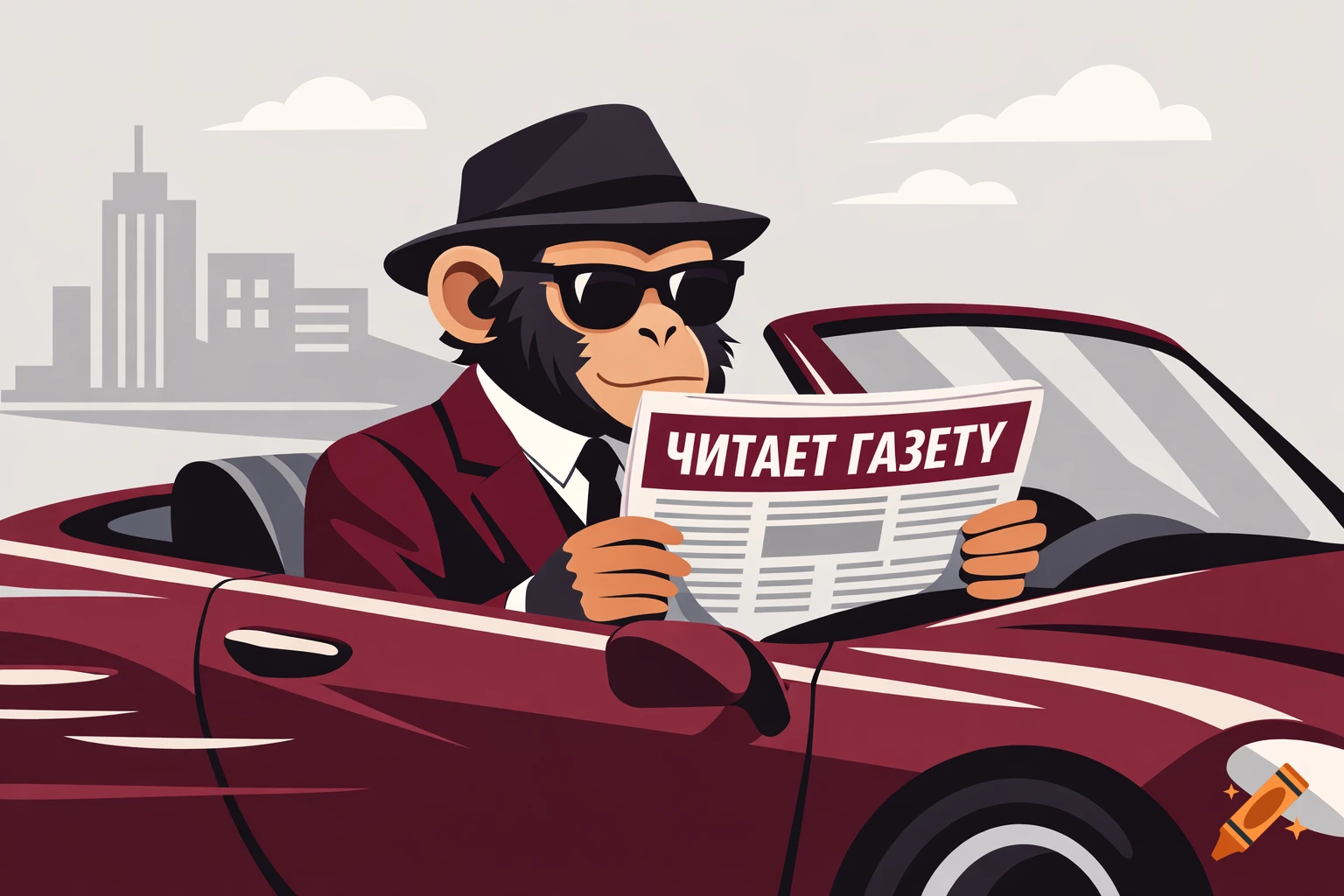A stylized monkey in a suit and sunglasses reads a newspaper in a red convertible, with a city skyline behind it.