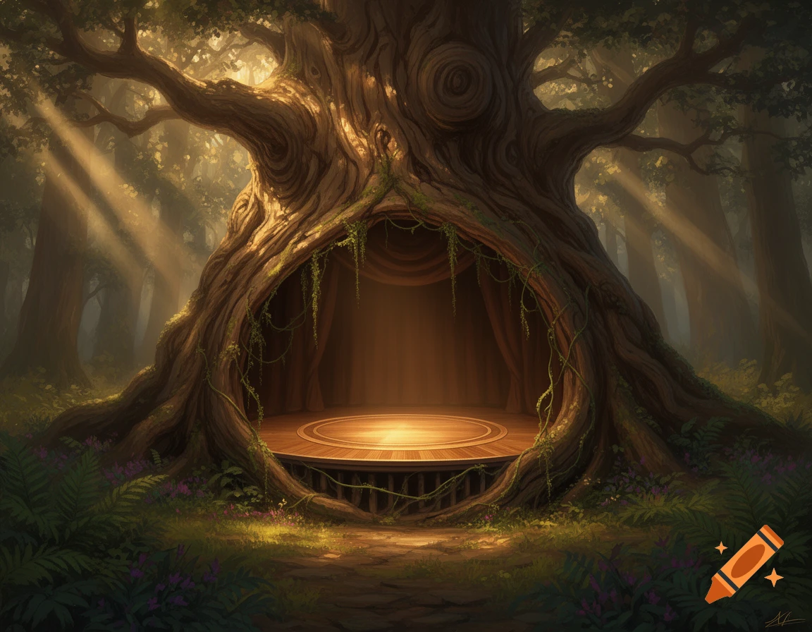 Gigantic ancient tree with a hollow trunk forming a natural round wooden stage with curtains, illuminated by sunbeams in a fantasy forest.