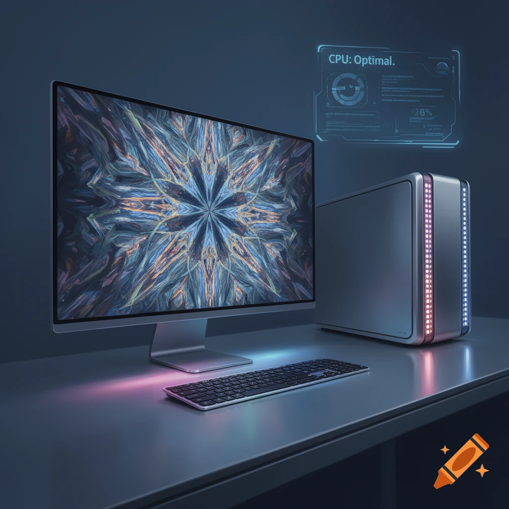 A modern computer setup with a monitor displaying an abstract pattern, a keyboard, and a desktop tower with vertical LED lights, on a desk with a holographic display.