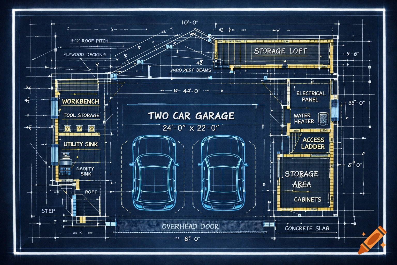 A detailed blueprint for a two-car garage with dimensions, including areas for a workbench, storage, and utility, on a dark blue background.