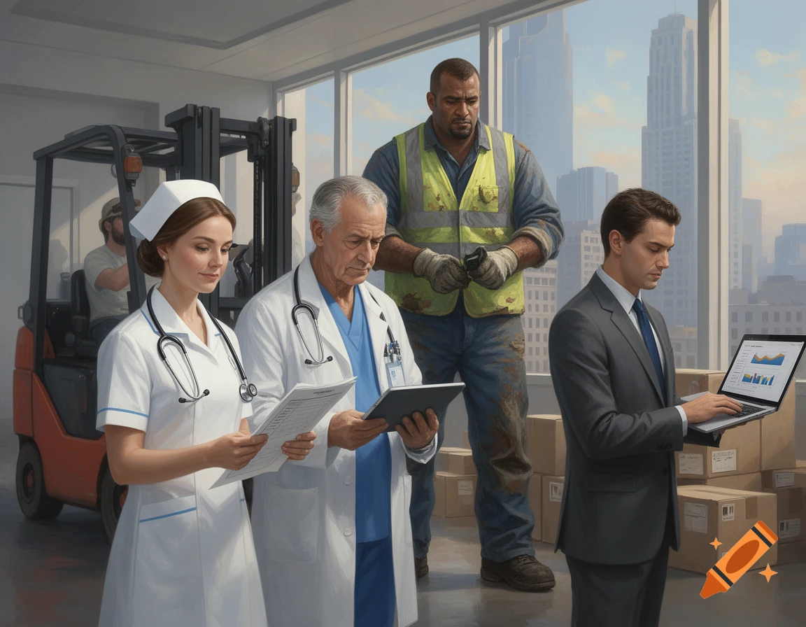 An illustration of a nurse, doctor, warehouse worker, and CEO in a bright building with city views.