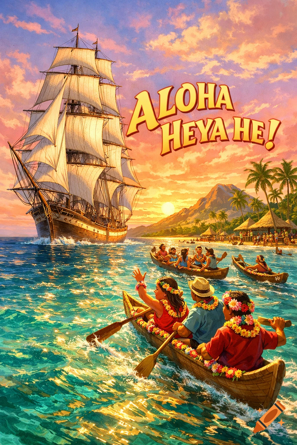 Vibrant illustration of a large sailing ship approaching a tropical island at sunset, with people in outrigger canoes waving. Text: ALOHA HEYA HE!
