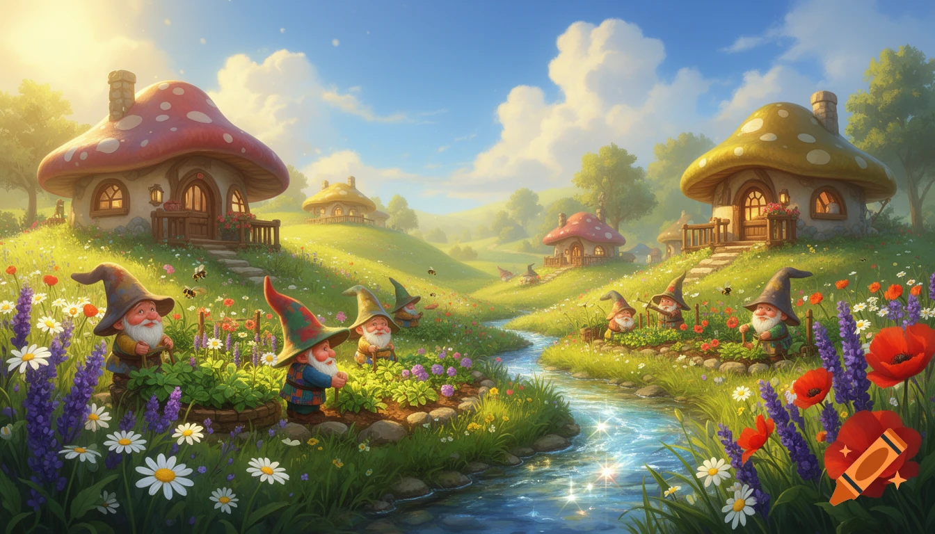 Whimsical gnome village with mushroom houses, gnomes gardening in wildflower meadows by a sparkling stream under a blue sky.