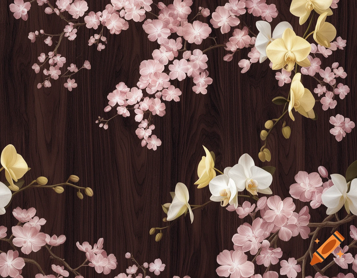 Pink cherry blossoms and white and yellow orchids bloom on a dark wooden background, styled as a decorative wallpaper.