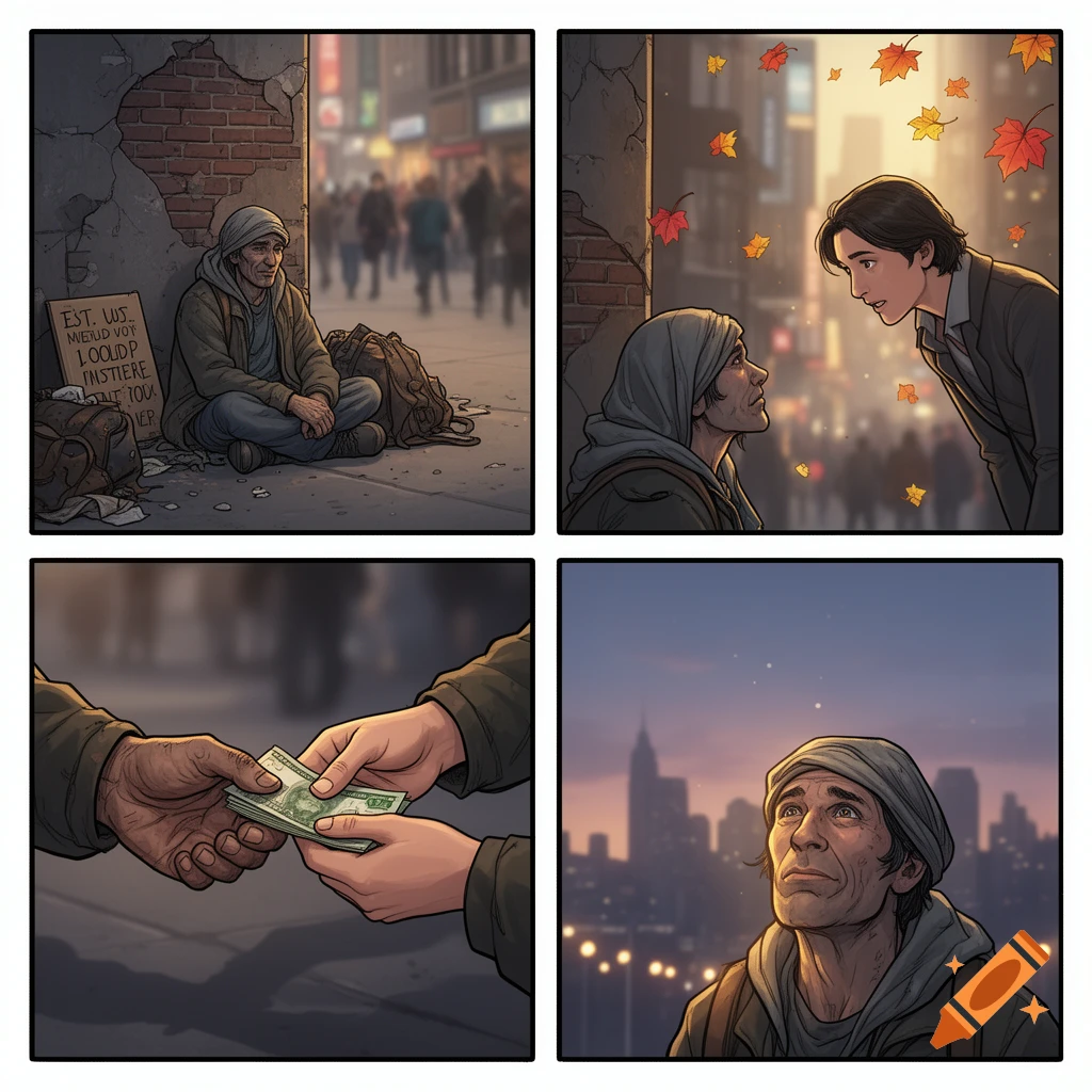 A four-panel comic strip depicts a homeless person receiving money from a young person and then looking up at the city with hope.