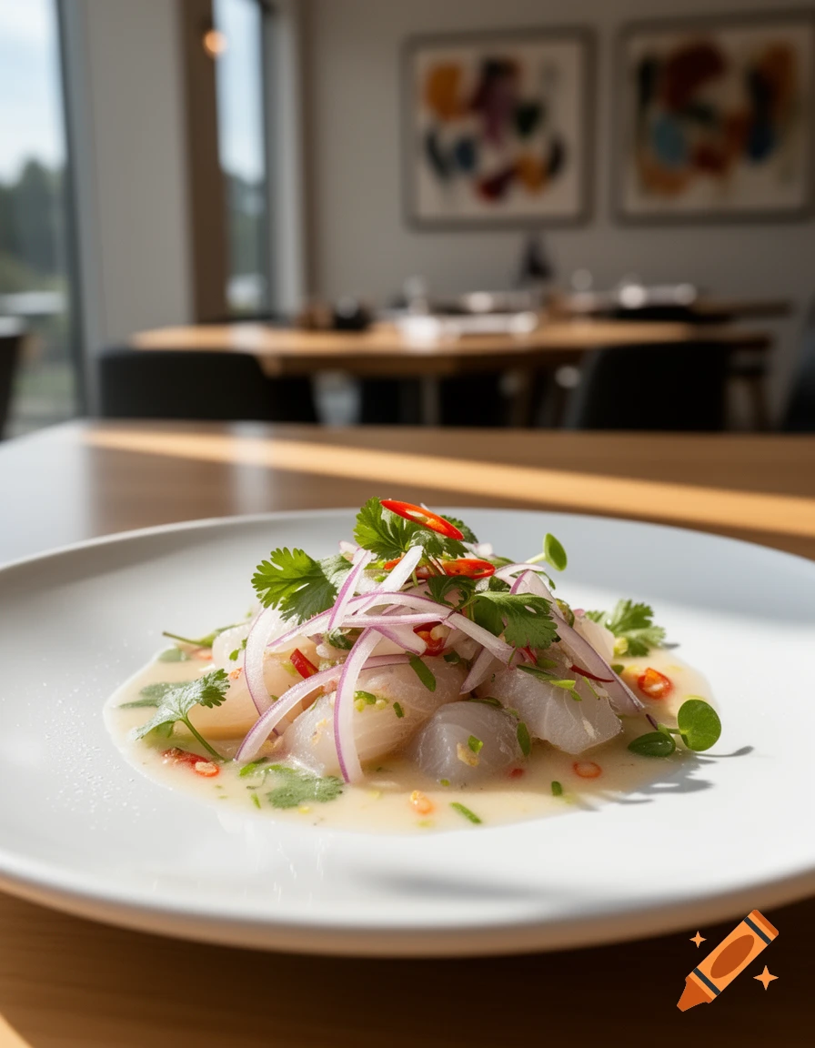 A close-up of Wolfsbarsch ceviche with red onions, cilantro, and chili on a white plate in a sunny restaurant.