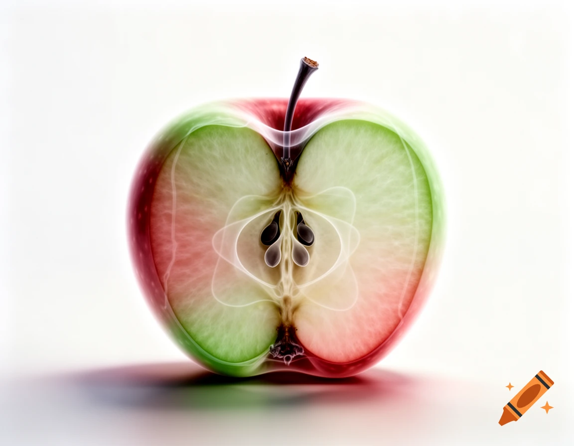 X-ray style cross-section of a red and green apple, revealing its internal structure with seeds.
