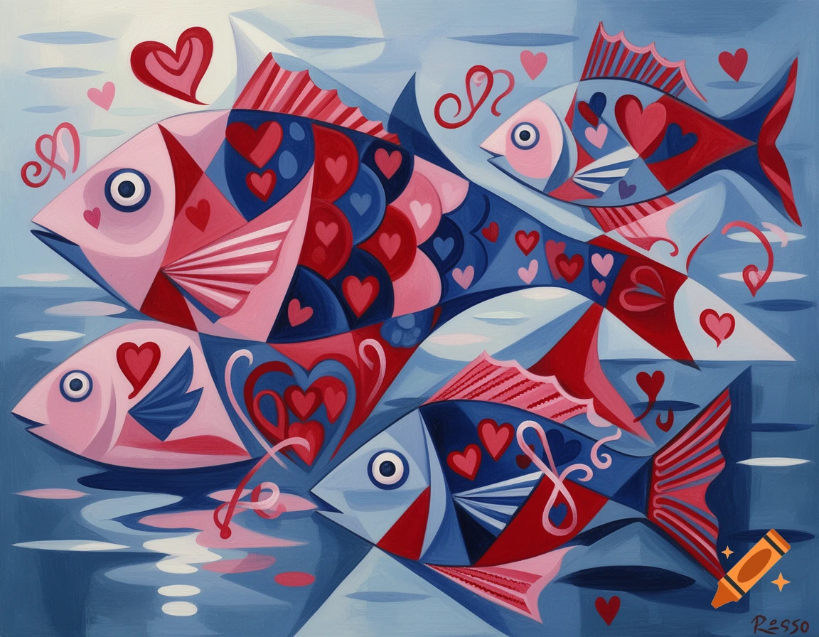 Stylized cubist painting of fish swimming in blue water, decorated with red and pink heart patterns, evoking a Valentine's theme.
