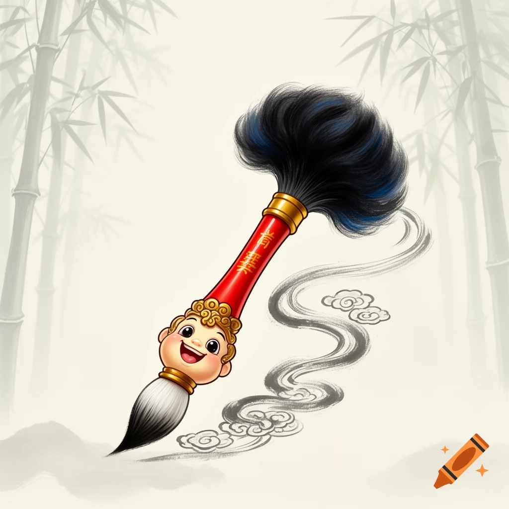 A cute cartoon Chinese calligraphy brush with a smiling face, red handle, and black bristles, drawing a swirly line on a paper-like background with faint bamboo.