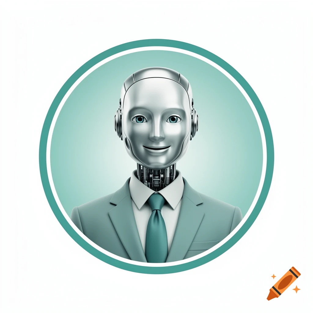 A friendly, professional robot avatar with a metallic head and blue eyes, wearing a teal suit and tie, against a teal and white circular background in a clean digital art style.