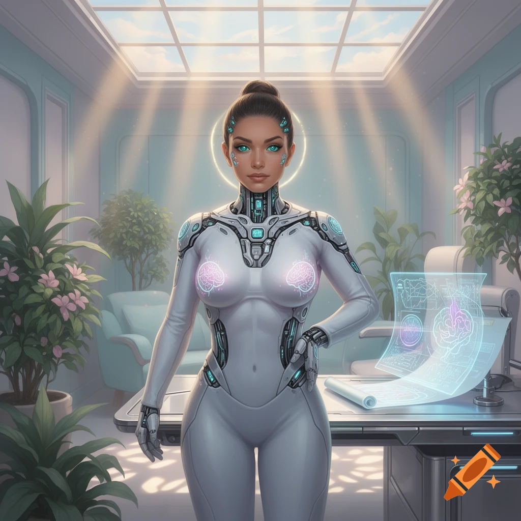 A female cyborg in a white and teal suit with glowing brain symbols on her chest stands in a futuristic office with a holographic display.