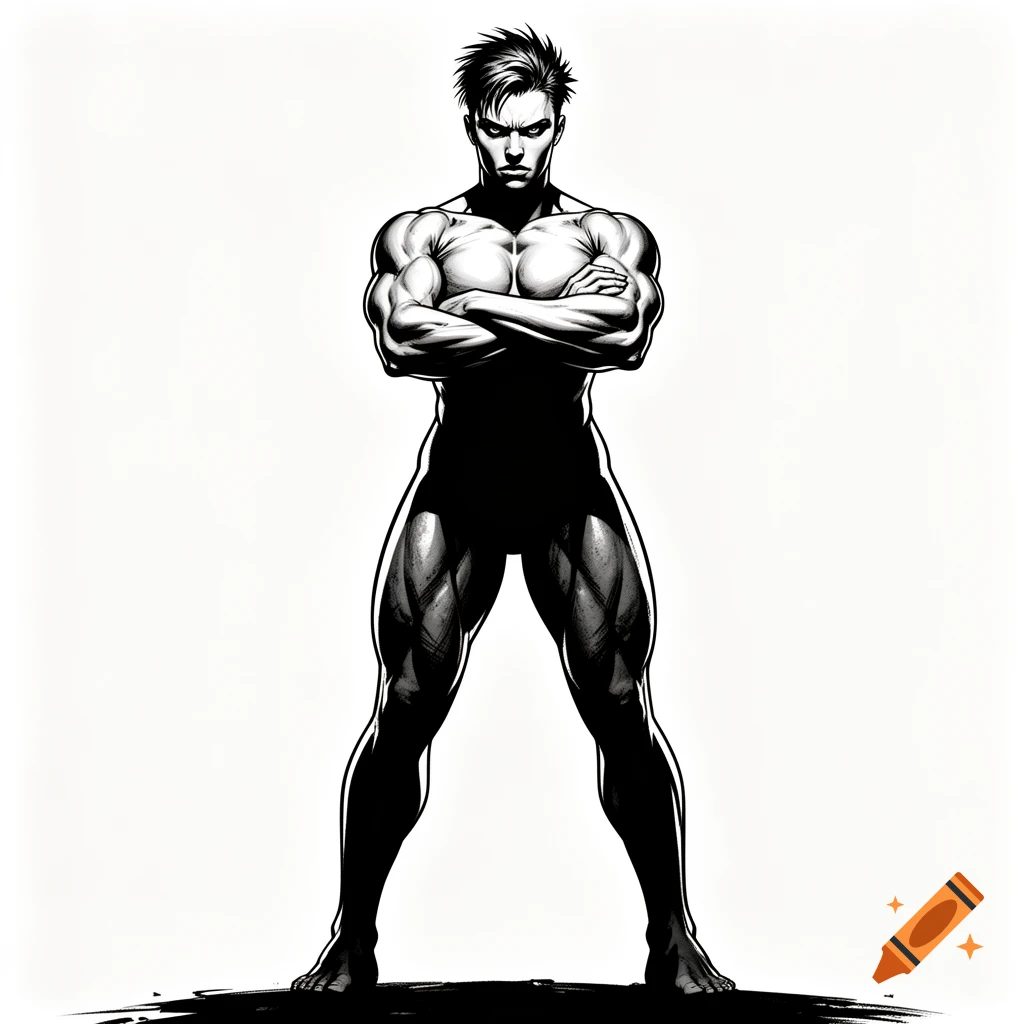 Comic Art Over Rendered A highly muscular man with spiky hair stands with arms crossed ...