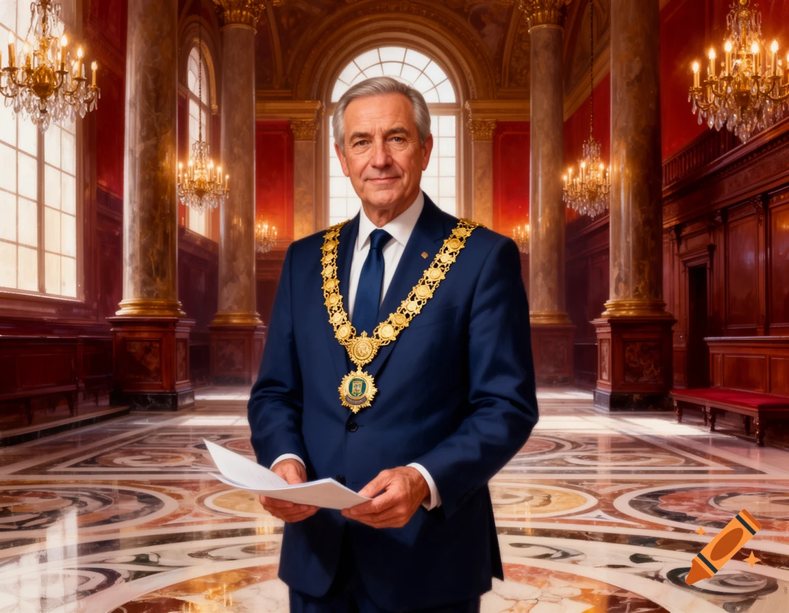 A distinguished man in a dark blue suit and ceremonial gold chain holds papers in a grand, ornate hall.