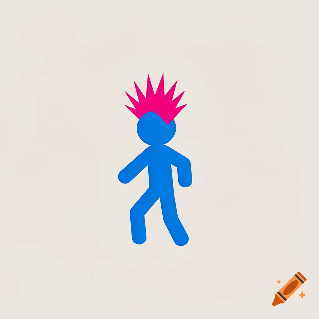 A blue stick figure with a spiky pink mohawk walks on a plain off-white background.