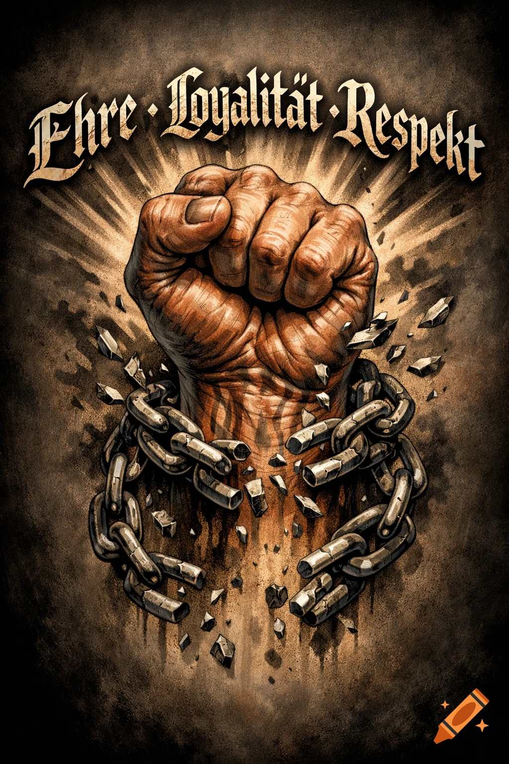 Stylized illustration of a muscular clenched fist breaking free from heavy chains, with the German words 'EHRE LOYALITÄT RESPEKT' above.