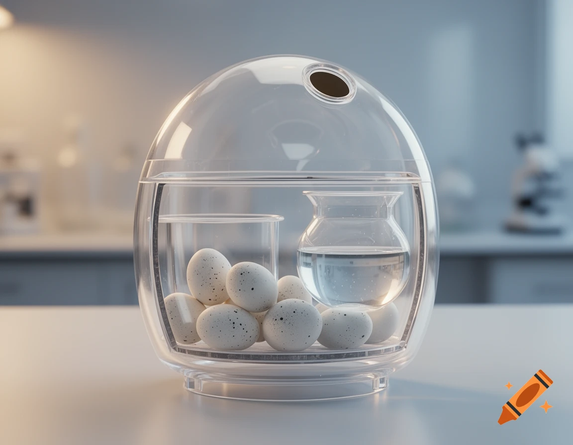 A modern, clear egg incubator containing speckled eggs and a water vessel, set in a blurred lab background.