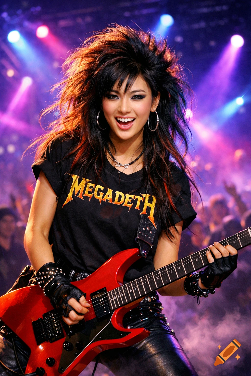 A young woman with big 80s heavy metal hair and a Megadeth t-shirt smiles while playing a red electric guitar on stage with purple lights.