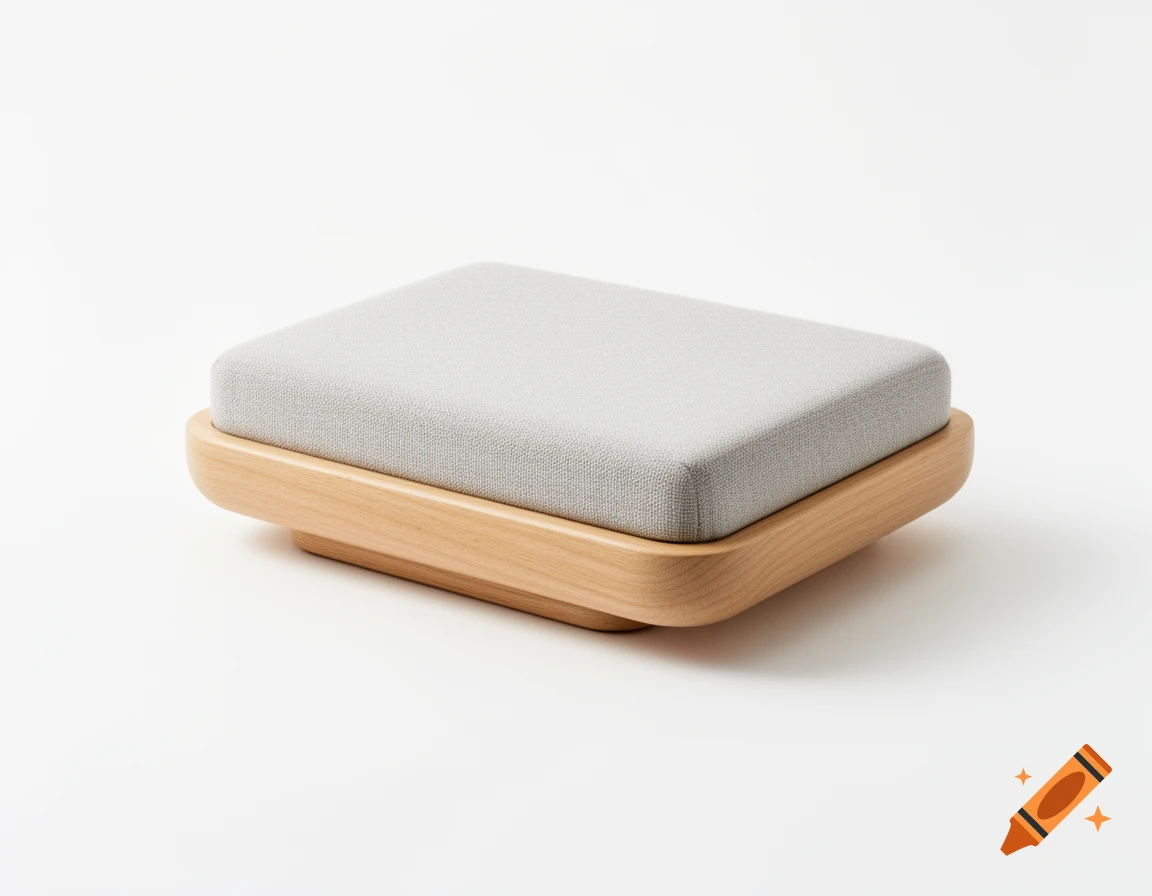 A modern minimalist light wood and grey fabric footrest with rounded edges on a white background.