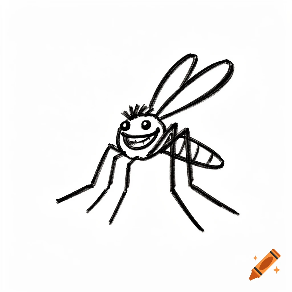A simple black and white cartoon drawing of a smiling mosquito with large wings and six legs, on a plain white background.