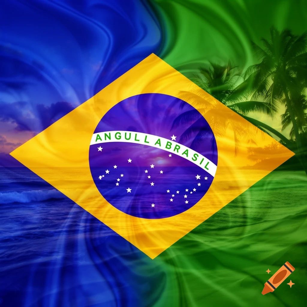 A stylized flag combining the elements of the Anguillan and Brazilian flags, with the word 'ANGULLABRASIL' on the central blue globe, surrounded by stars.