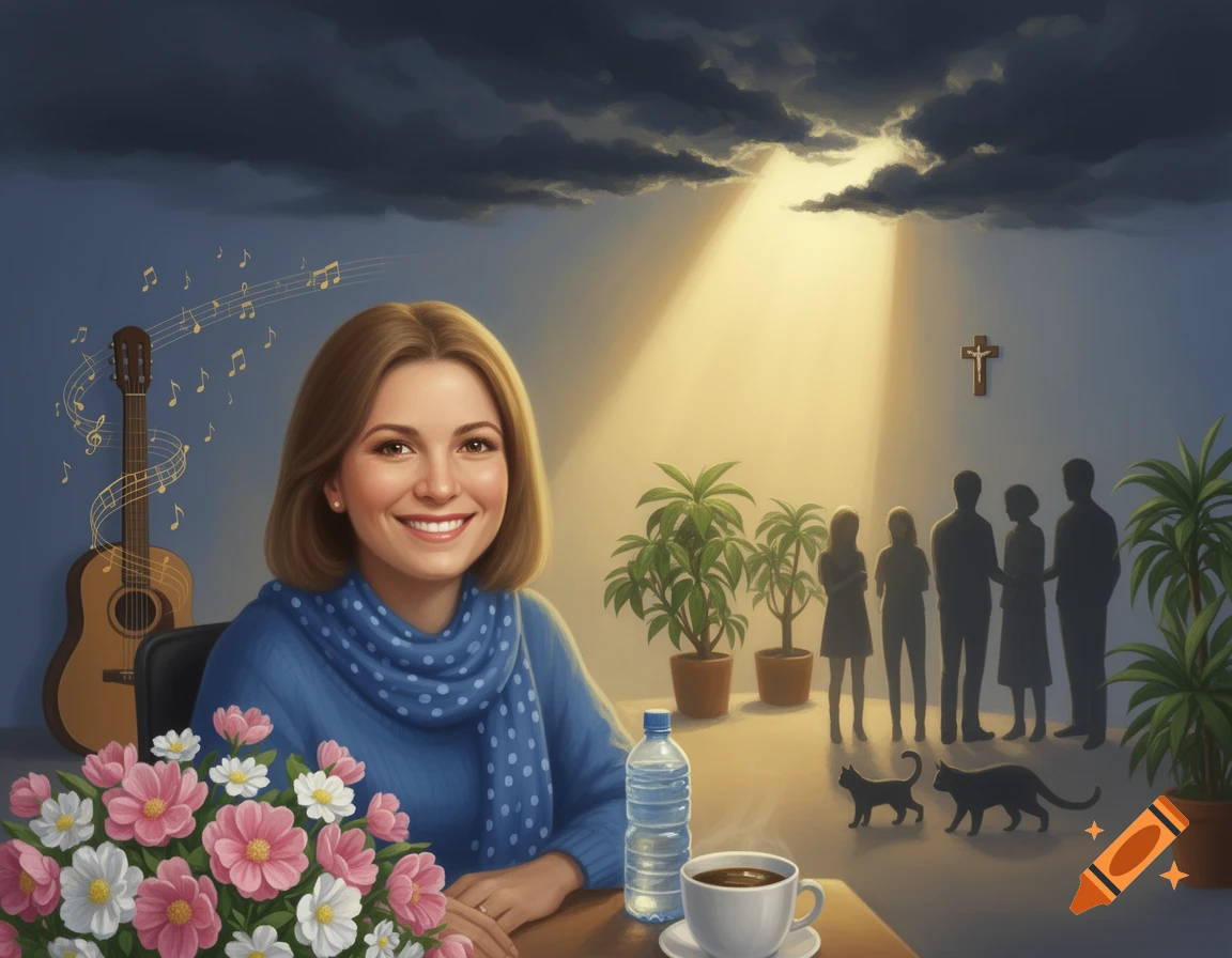 A smiling woman with a blue scarf sits at a desk with flowers, coffee, and water. Behind her are a guitar, plants, silhouetted people, cats, and a cross under a sunbeam.
