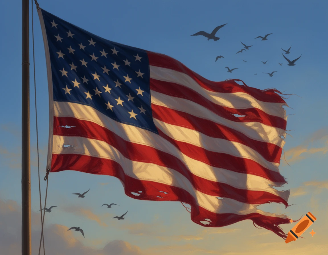 A tattered American flag waves from a flagpole against a bright blue sky with numerous birds flying.