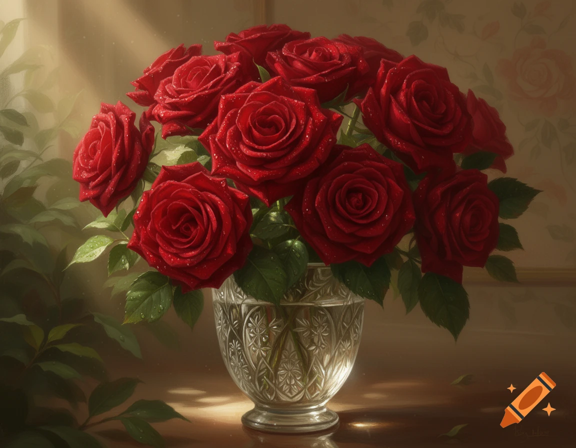 Vibrant red roses with water droplets arranged in a clear, ornate glass vase under soft light.