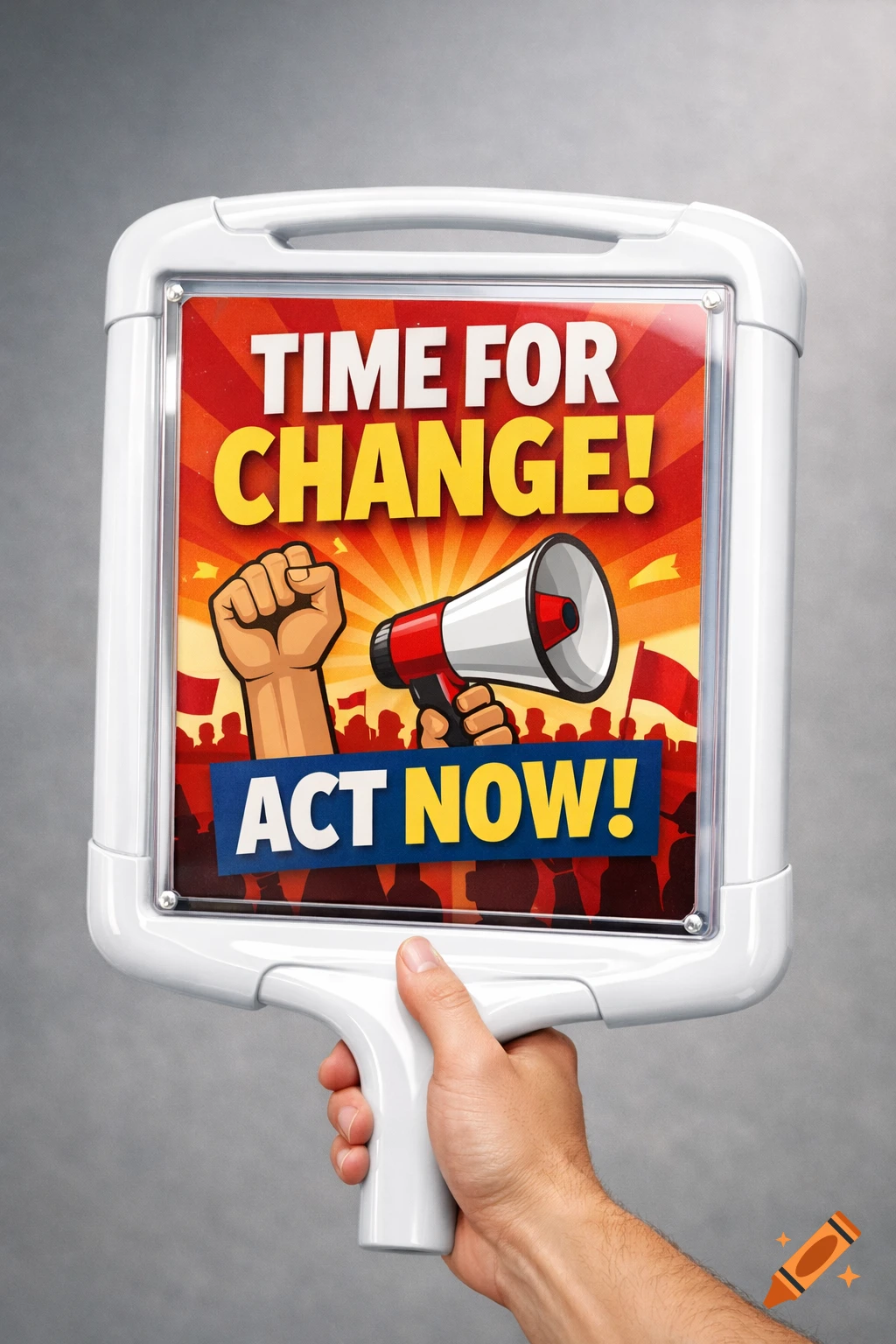 A hand holds a protest sign with 'TIME FOR CHANGE! ACT NOW!', a raised fist, a megaphone, and a crowd silhouette.