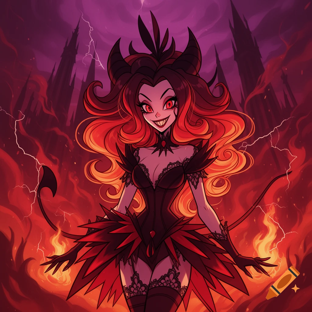 A vibrant cartoon female demon with horns, fiery hair, and a black lace outfit smiles menacingly amidst fire and lightning before dark castles.