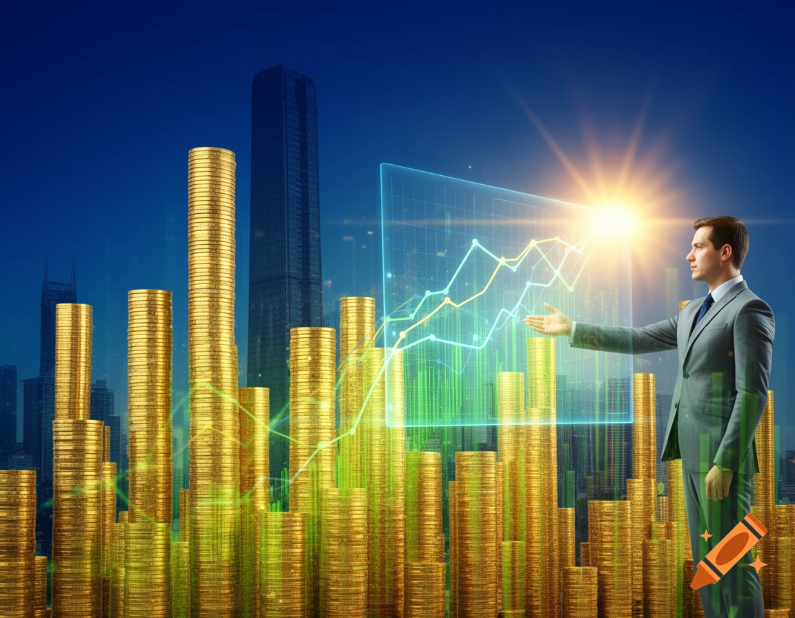 A businessman in a suit stands against a cityscape, gesturing towards a glowing financial graph and tall stacks of golden coins.